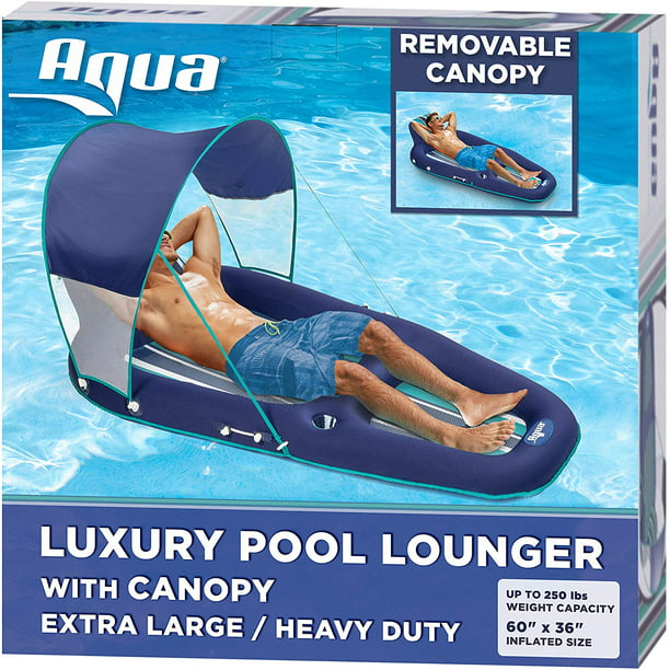 Aqua Oversized Deluxe Inflatable Pool Lounger Float With Sunshade Canopy Navy for sale online